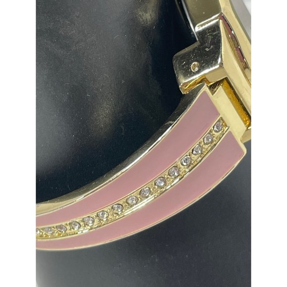 Cuff Enamel Pink Bangle Bracelet Wrist Watch with Rhinestones Made in Japan - Picture 3 of 5